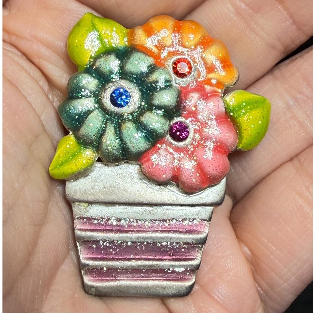 Flowerpot Brooch April Showers May Flowers AJMC Vintage Pin 2 Inch